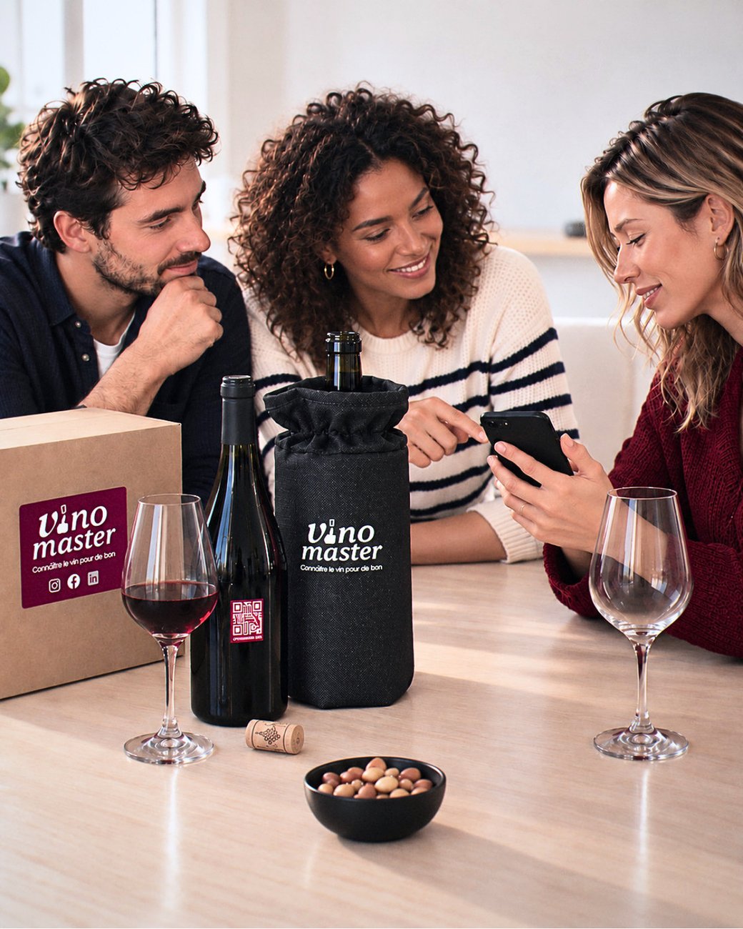 Trois amis partagent l'Expérience Vino Curieux autour d'un verre
