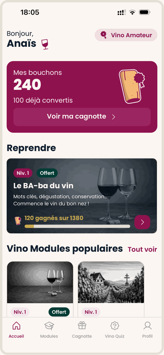 L'écran d'accueil personnalisé de l'app Vino Master